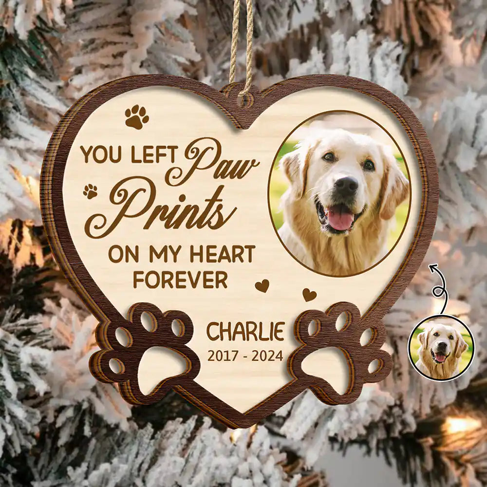 Christmas,Pet Lovers,Memorial,Dog Lovers,Cat Lovers,Sad - Custom Photo You Left Paw Prints On My Heart Forever - Personalized 2-Layered Wooden Ornament