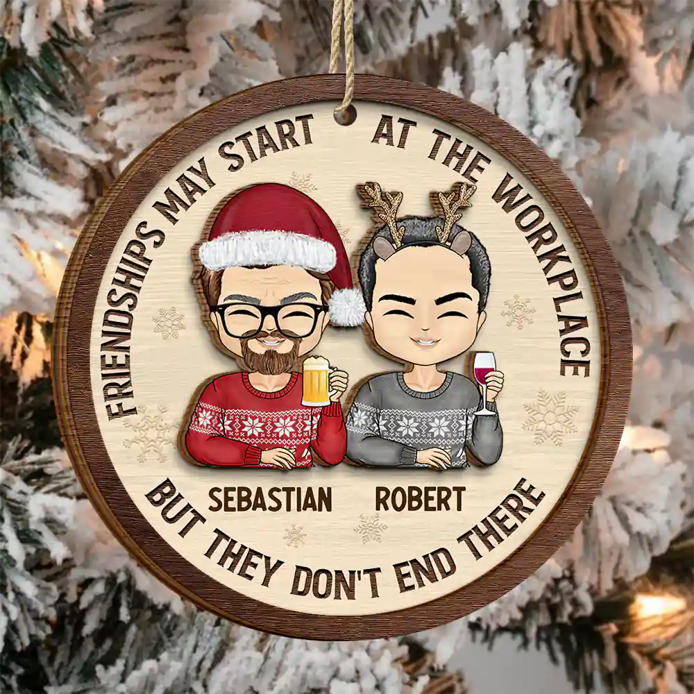 Gifts For Colleagues,Gift For Bestie - Friendships May Start At The Workplace Christmas Chibi - Personalized 2-Layered Wooden Ornament