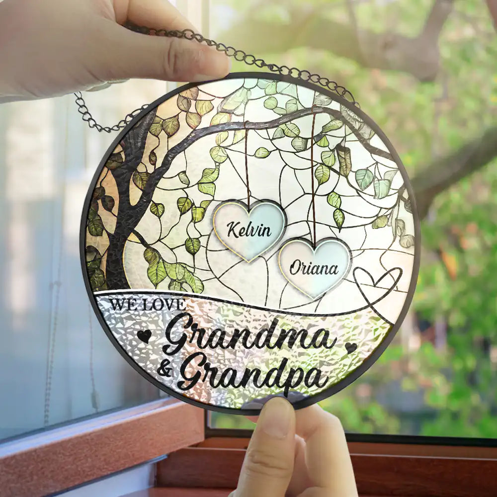 Gift For Mother, Gift For Grandpa - Grandkids Make Life Grand We Love Nana And Papa- Personalized Stained Glass Window Hanging Suncatcher