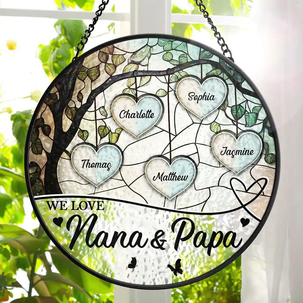 Gift For Mother, Gift For Grandpa - Grandkids Make Life Grand We Love Nana And Papa- Personalized Stained Glass Window Hanging Suncatcher