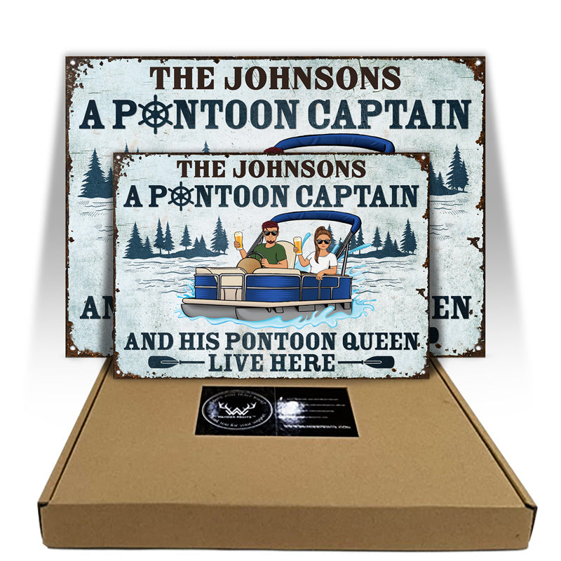 A Pontoon Captain And His Pontoon Queen Live Here - Couple Gift -  Personalized Custom Classic Metal Signs