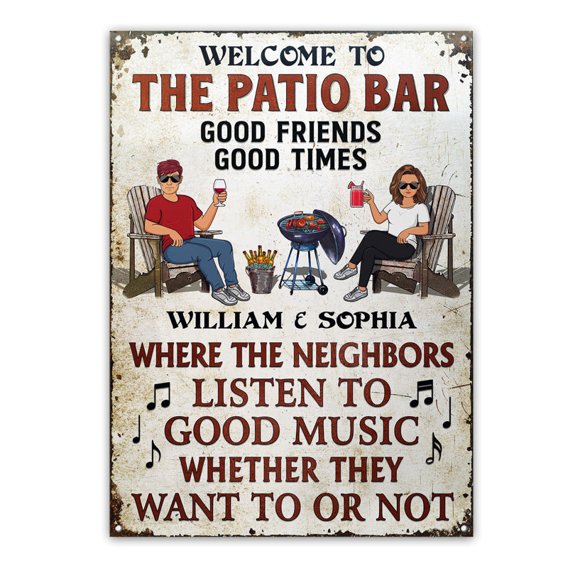 Patio Grilling Listen To The Good Music Couple Husband Wife Vertical - Backyard Sign - Personalized Custom Classic Metal Signs