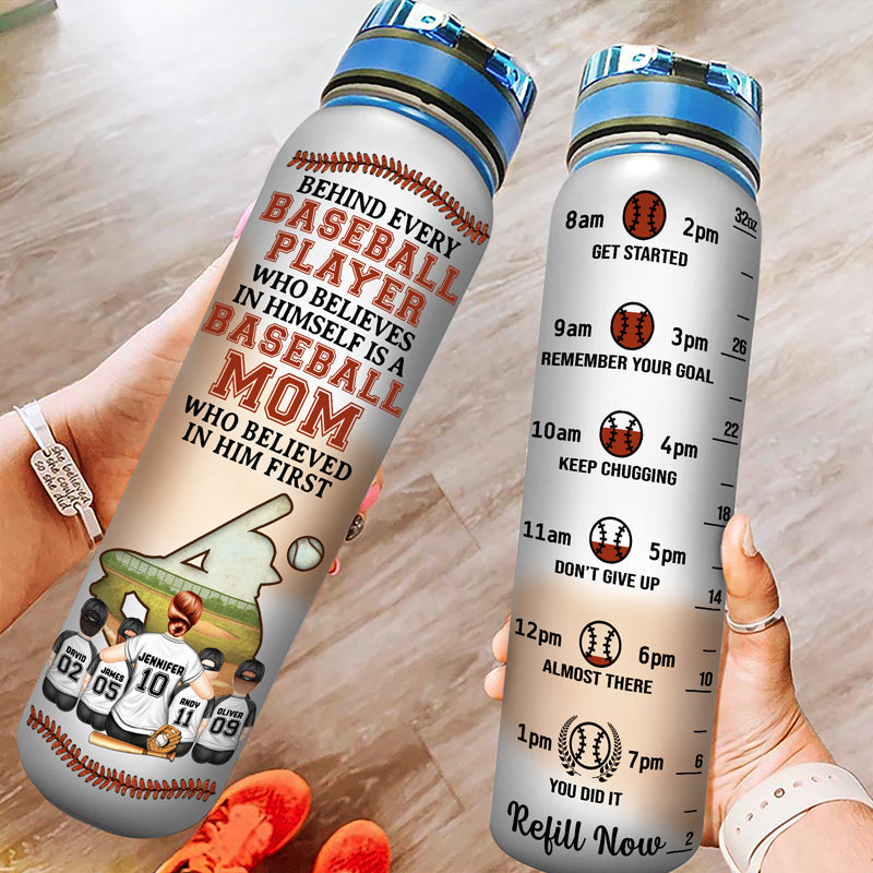 Baseball Mom Behind Every Baseball Player - Gift For Mother - Personalized Custom Water Tracker Bottle