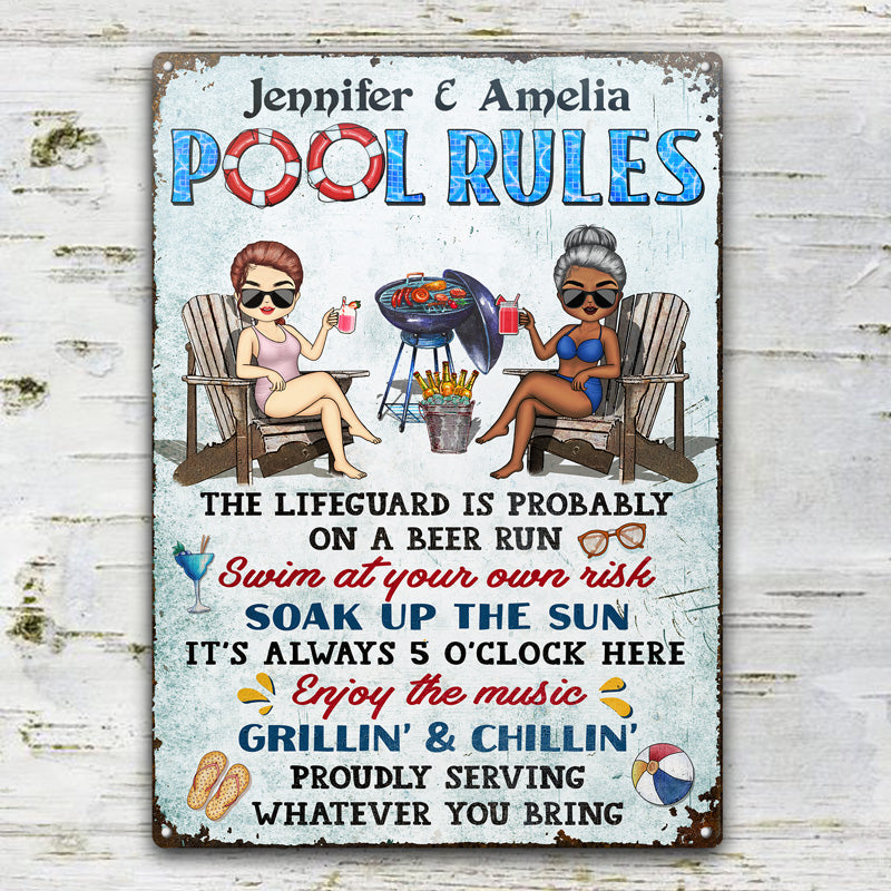 Pool Rules Swim At Your Own Risk Grilling Couple Husband Wife Chibi - Backyard Sign - Personalized Custom Classic Metal Signs