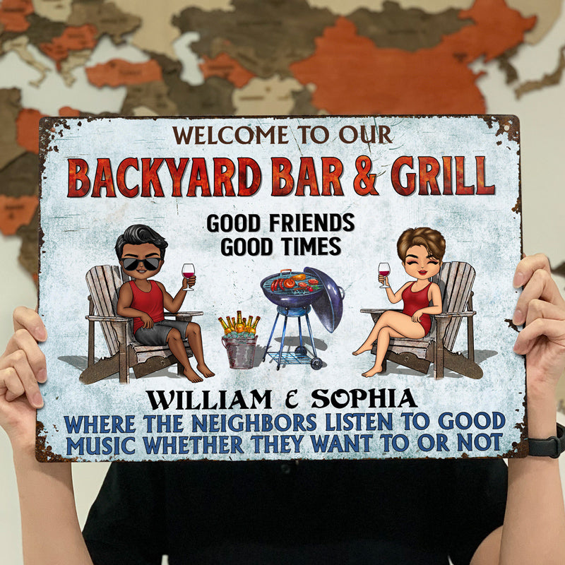 Poolside Grilling Listen To The Good Music Couple Husband Wife Chibi - Backyard Sign - Personalized Custom Classic Metal Signs