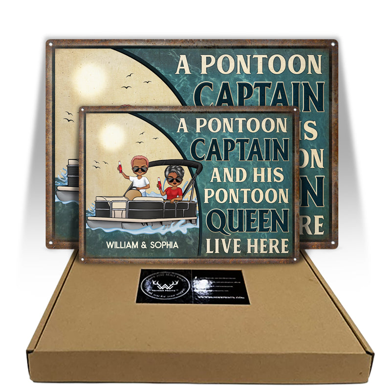 A Pontoon Captain And His Pontoon Queen Live Here Family - Couple Gift - Personalized Custom Classic Metal Signs