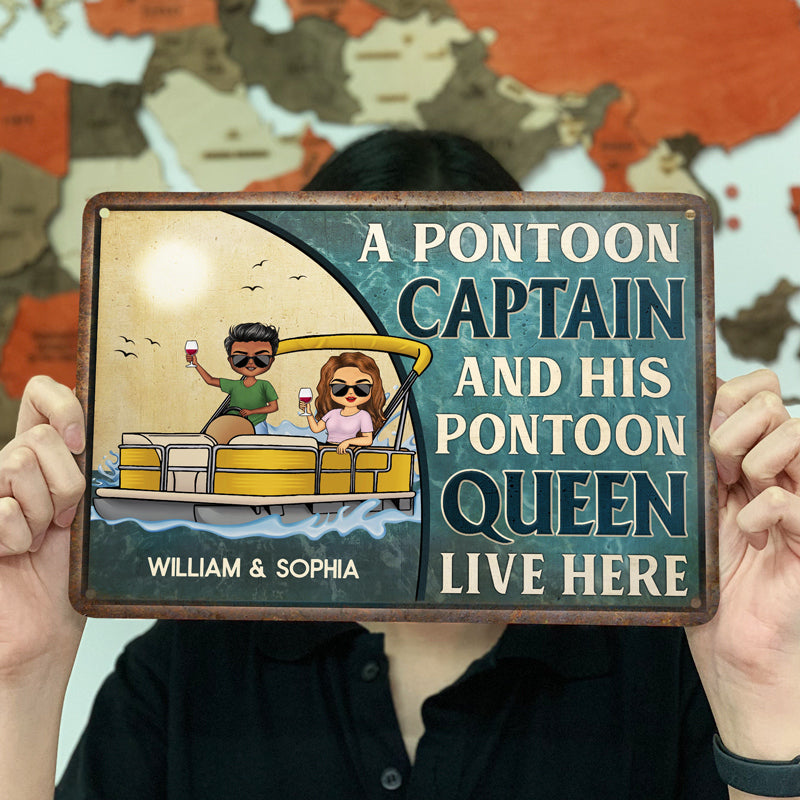 A Pontoon Captain And His Pontoon Queen Live Here Family - Couple Gift - Personalized Custom Classic Metal Signs