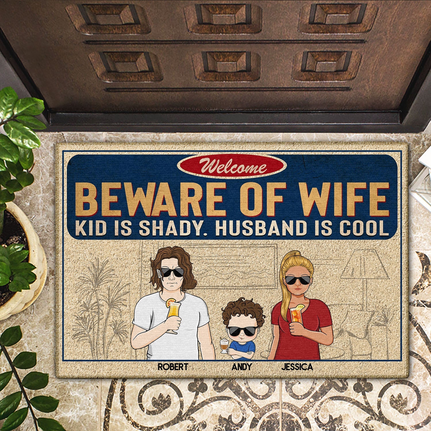 Beware Of Wife Kids Are Shady Husband Is Cool Couple Husband Wife Family - Personalized Custom Doormat