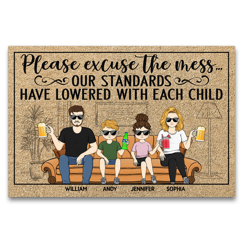 Please Excuse The Mess Our Standards Have Lowered With Each Child Sitting Couple Husband Wife Family - Personalized Custom Doormat