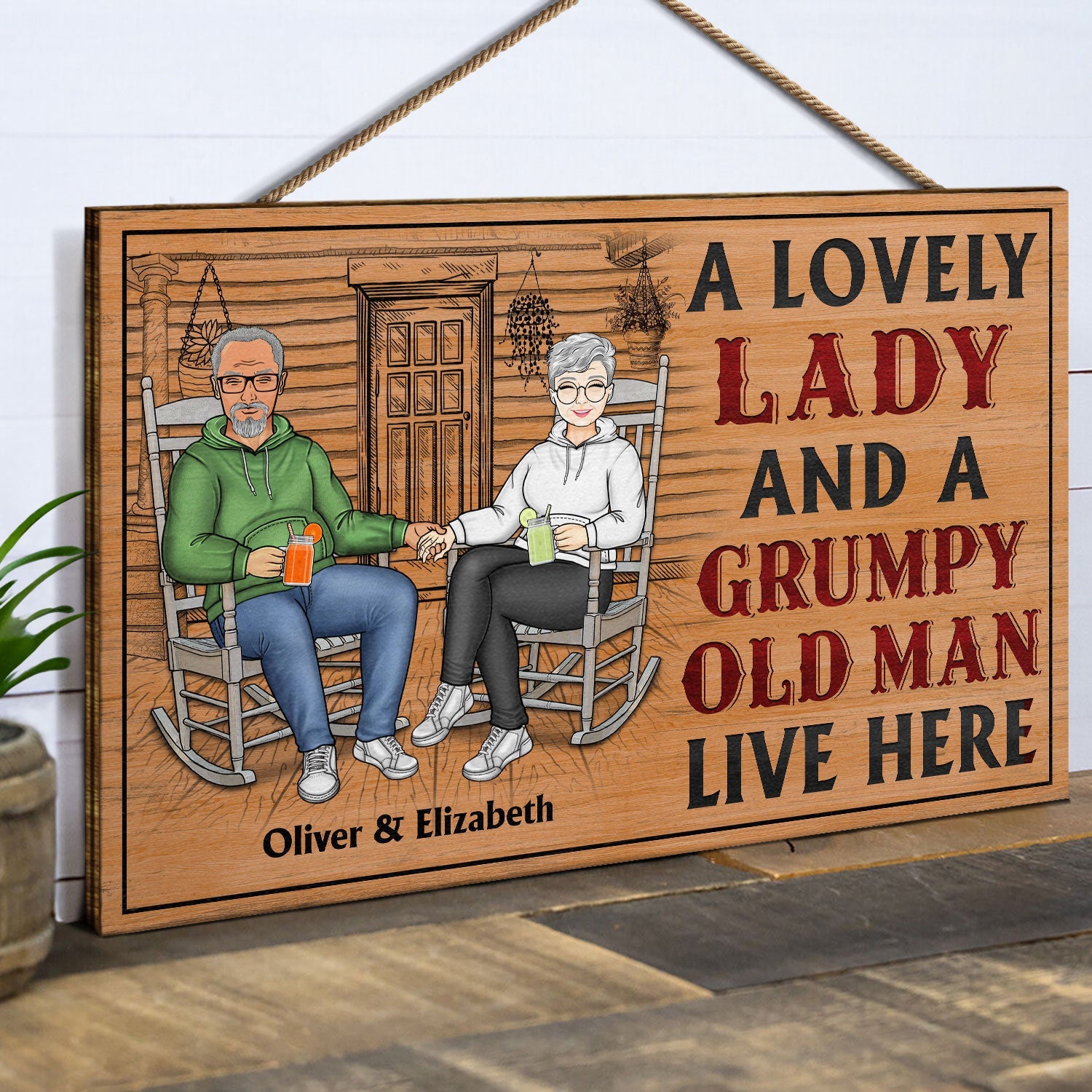 A Lovely Lady And A Grumpy Old Man Live Here - Anniversary, Birthday, Home Decor Gift For Spouse, Lover, Husband, Wife, Boyfriend, Girlfriend, Couple - Personalized Custom Wood Rectangle Sign