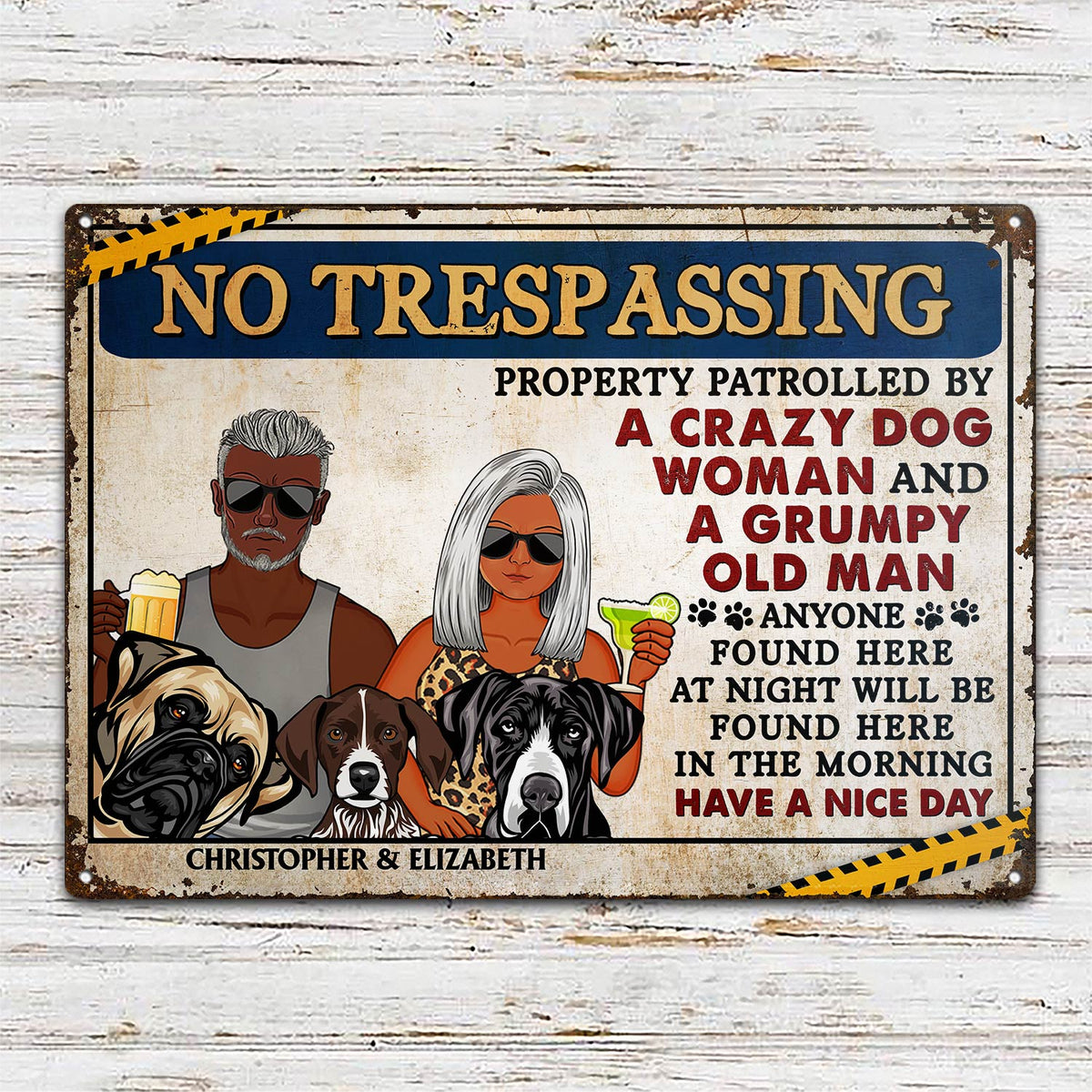 No Trespassing Property Patrolled By Crazy Dog Lady And A Grumpy Old Man - Home Decor, Backyard Decor, Couple Gift For Dog Lovers & Cat Lovers - Personalized Custom Classic Metal Signs