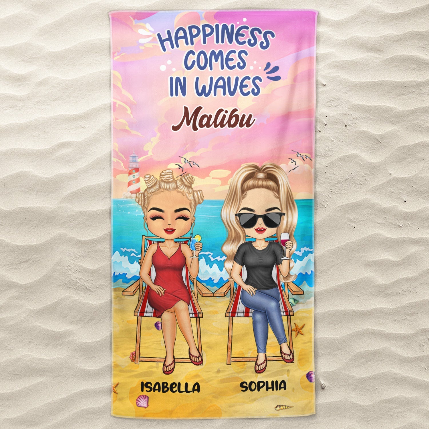 Happiness Comes In Waves - Bestie BFF Gift - Personalized Beach Towel