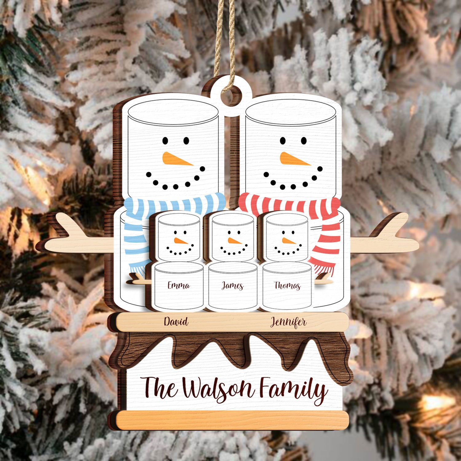 S'more Snowman Family - Christmas Gift For Family - Personalized 2-Layered Wooden Ornament