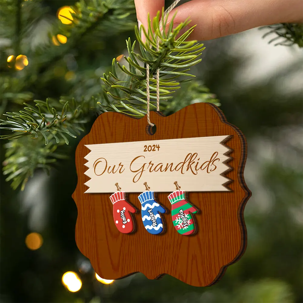 Mittens With Grandkids Names - Christmas Gift For Grandparent - Personalized 2-Layered Wooden Ornament