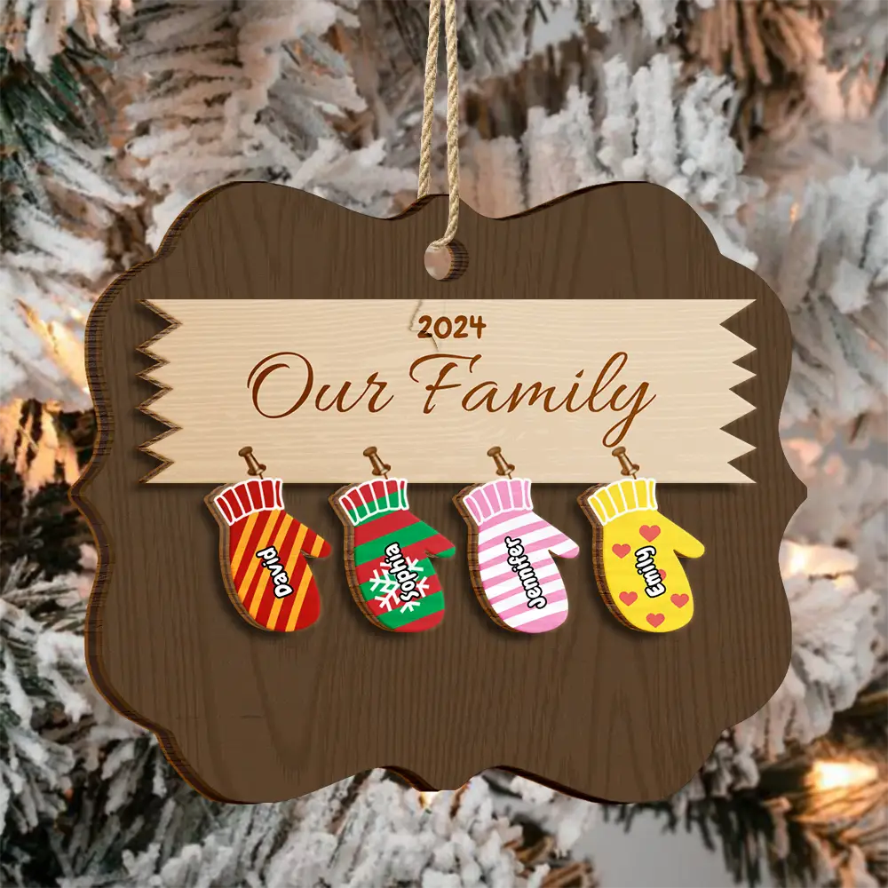 Mittens With Grandkids Names - Christmas Gift For Grandparent - Personalized 2-Layered Wooden Ornament