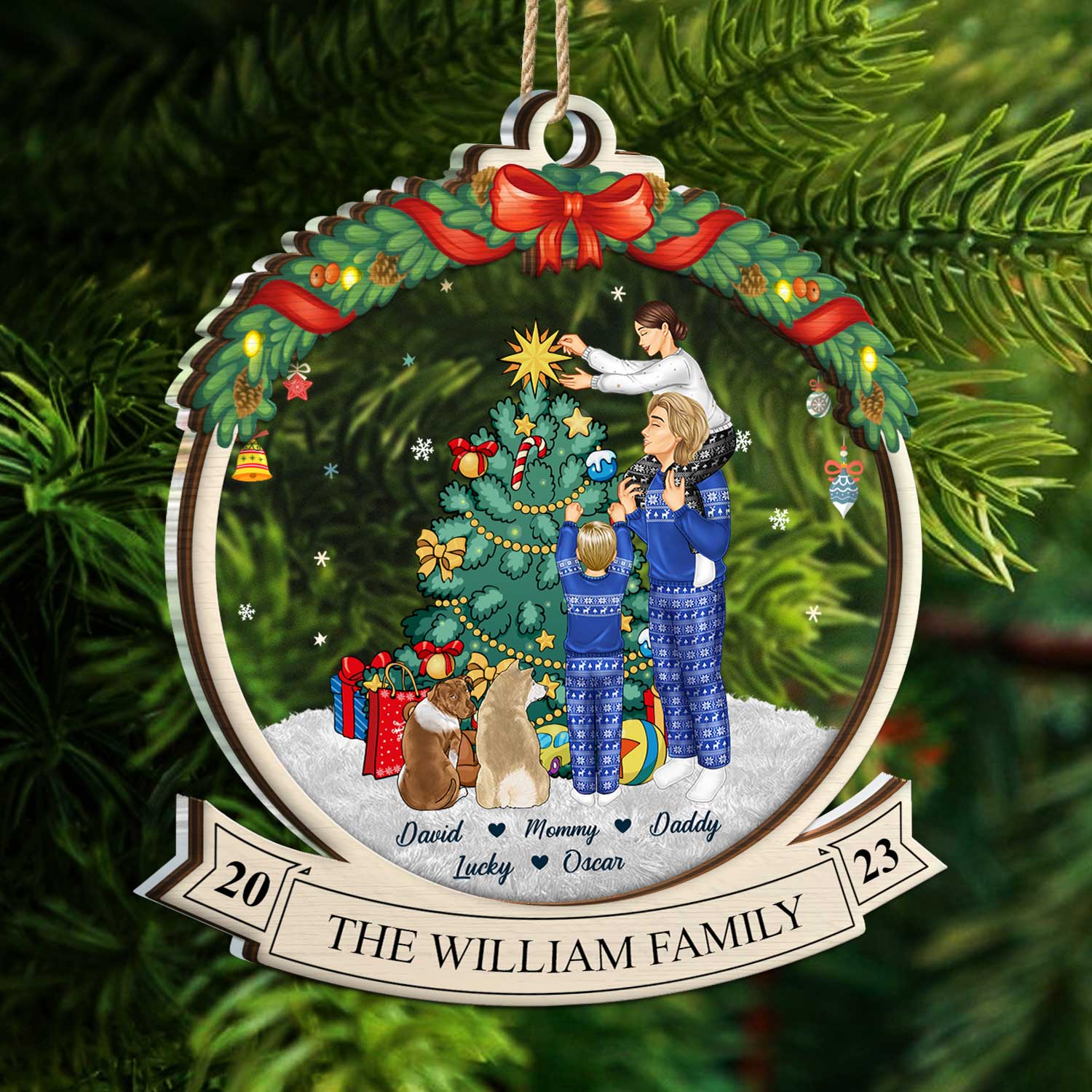 Merry Christmas Family Decor Home - Gift For Parents, Couples, Pet Lovers - Personalized 2-Layered Mix Ornament