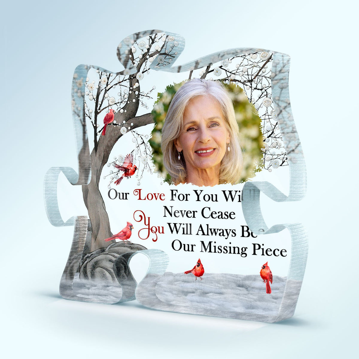 Custom Photo Our Love For You Will Never Cease - Memorial Gift For Family, Siblings, Friends, Dog Lovers, Cat Lovers - Personalized Puzzle Shaped Acrylic Plaque