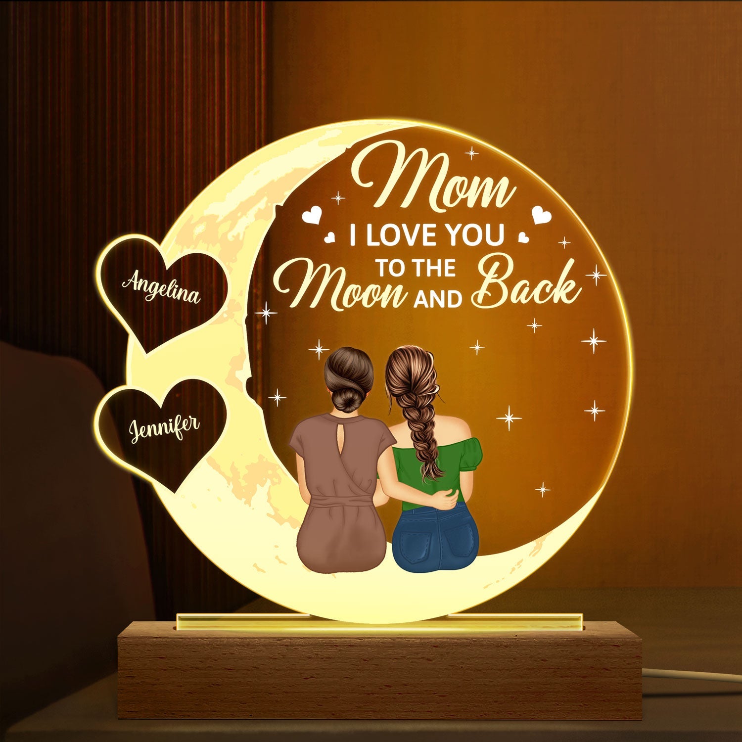 Mom We Love You To The Moon And Back - Birthday, Loving Gift For Mother, Mum - Personalized 3D Led Light Wooden Base