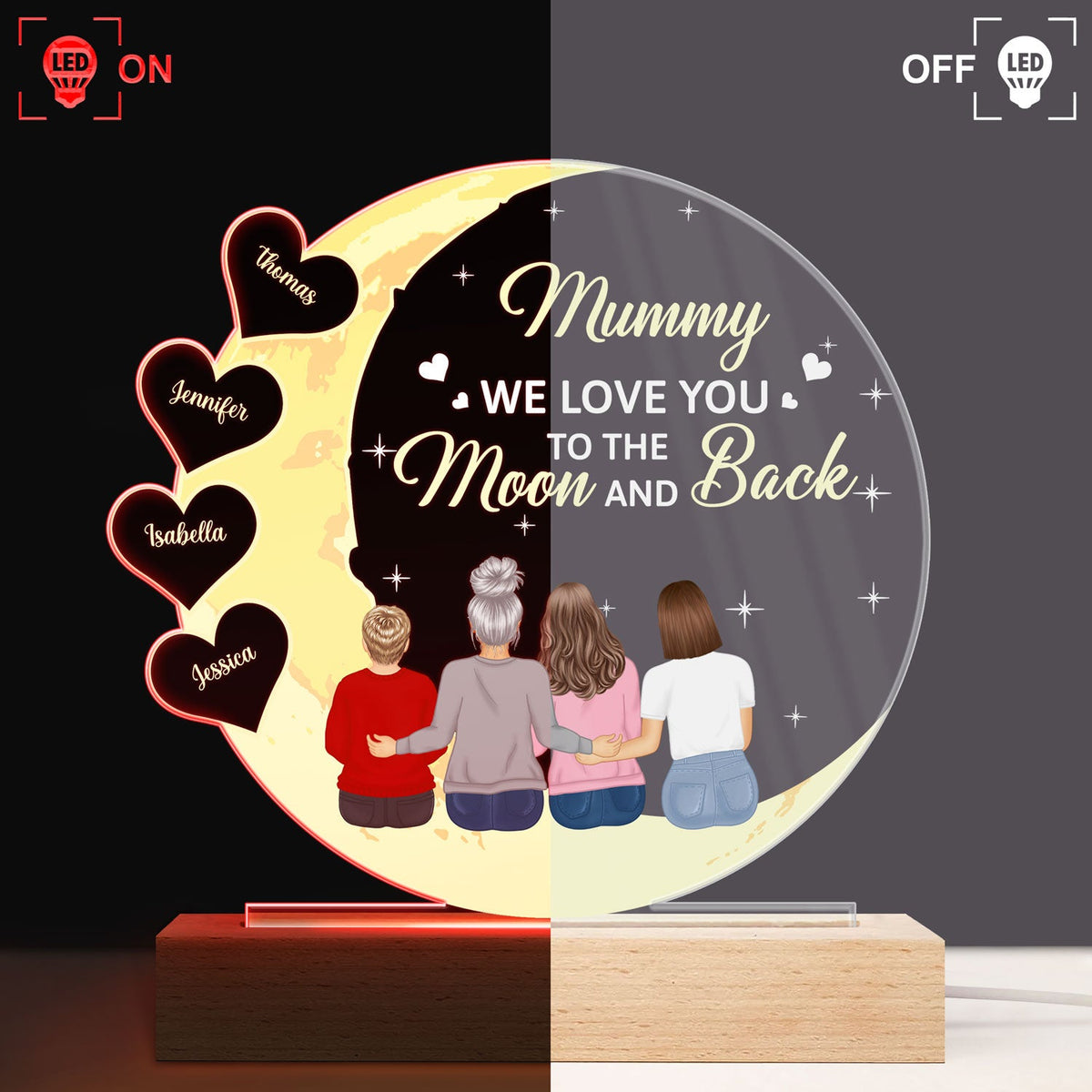 Mom We Love You To The Moon And Back - Birthday, Loving Gift For Mother, Mum - Personalized 3D Led Light Wooden Base