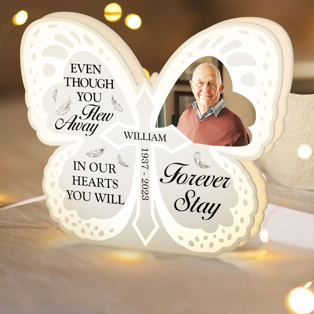 Custom Photo Even Though You Flew Away - Loving, Memorial Gift For Family, Siblings, Friends - Personalized Custom Shaped Photo Light Box