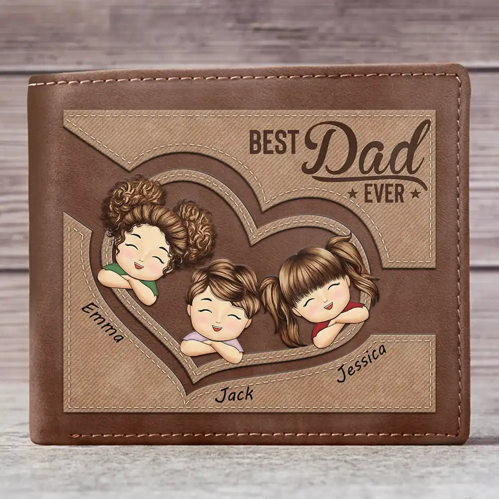 We Love You, Best Grandpa Ever Chibi Heart Faux-Stitched Effect - Personalized Leather Wallet