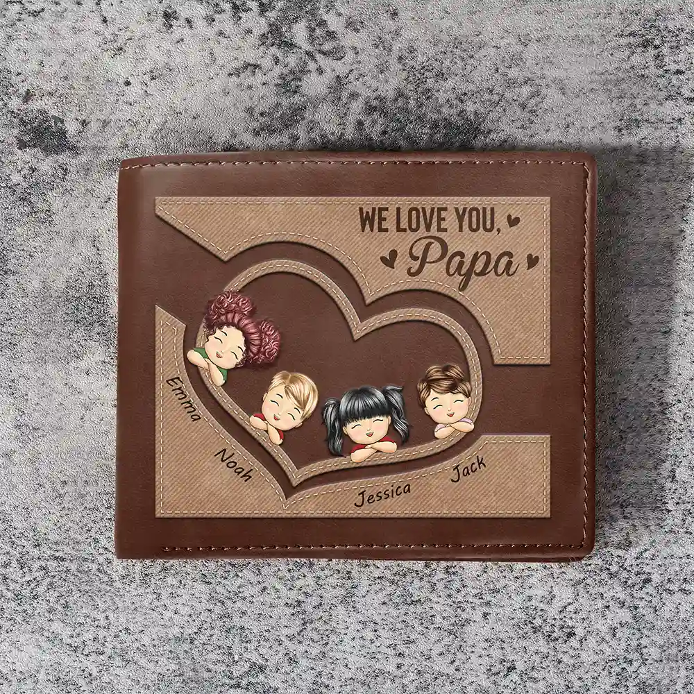 We Love You, Best Grandpa Ever Chibi Heart Faux-Stitched Effect - Personalized Leather Wallet