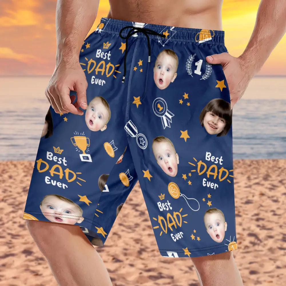 Custom Photo Best Papa Ever Trophy Dad - Personalized Unisex Beach Shorts