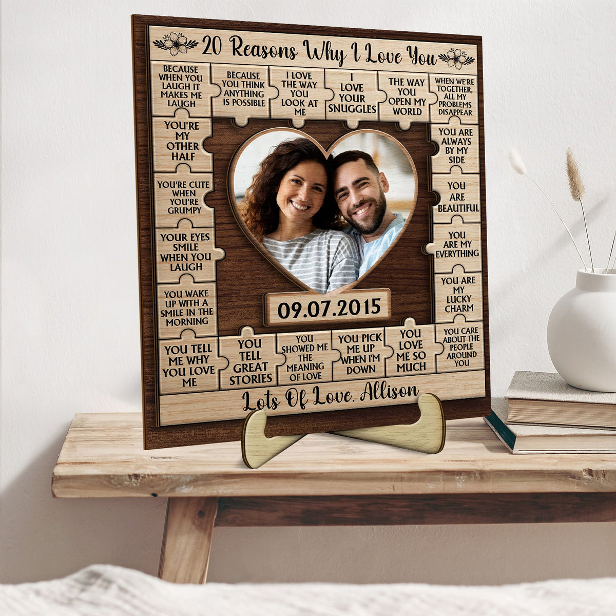 Custom Photo 20 Reasons I Love You - Loving, Anniversary Gift For Couple, Spouse, Husband, Wife - Personalized 2-Layered Wooden Plaque With Stand