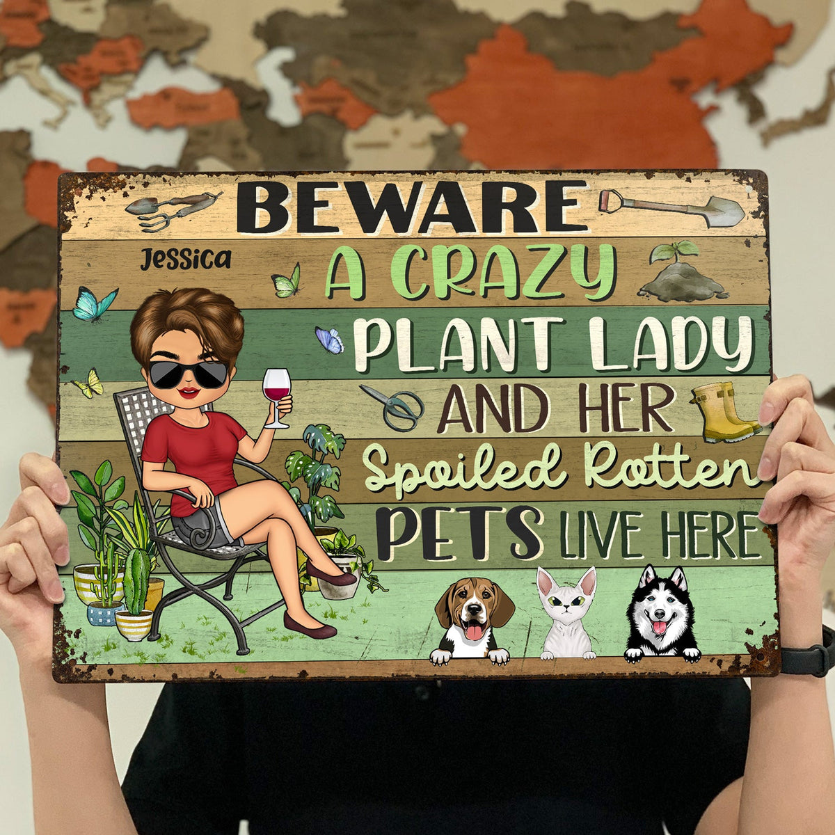 Beware A Crazy Plant Lady & Her Spoiled Rotten Dogs Cats Live Here Gardening Chibi - Garden Sign, Birthday, Housewarming Gift For Her, Him, Gardener, Outdoor Decor - Personalized Custom Classic Metal Signs