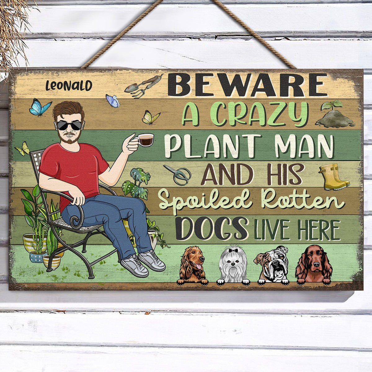 Beware A Crazy Plant Lady & Her Spoiled Rotten Dogs Live Here Gardening - Garden Sign, Birthday, Housewarming Gift For Her, Him, Gardener, Outdoor Decor - Personalized Custom Wood Rectangle Sign