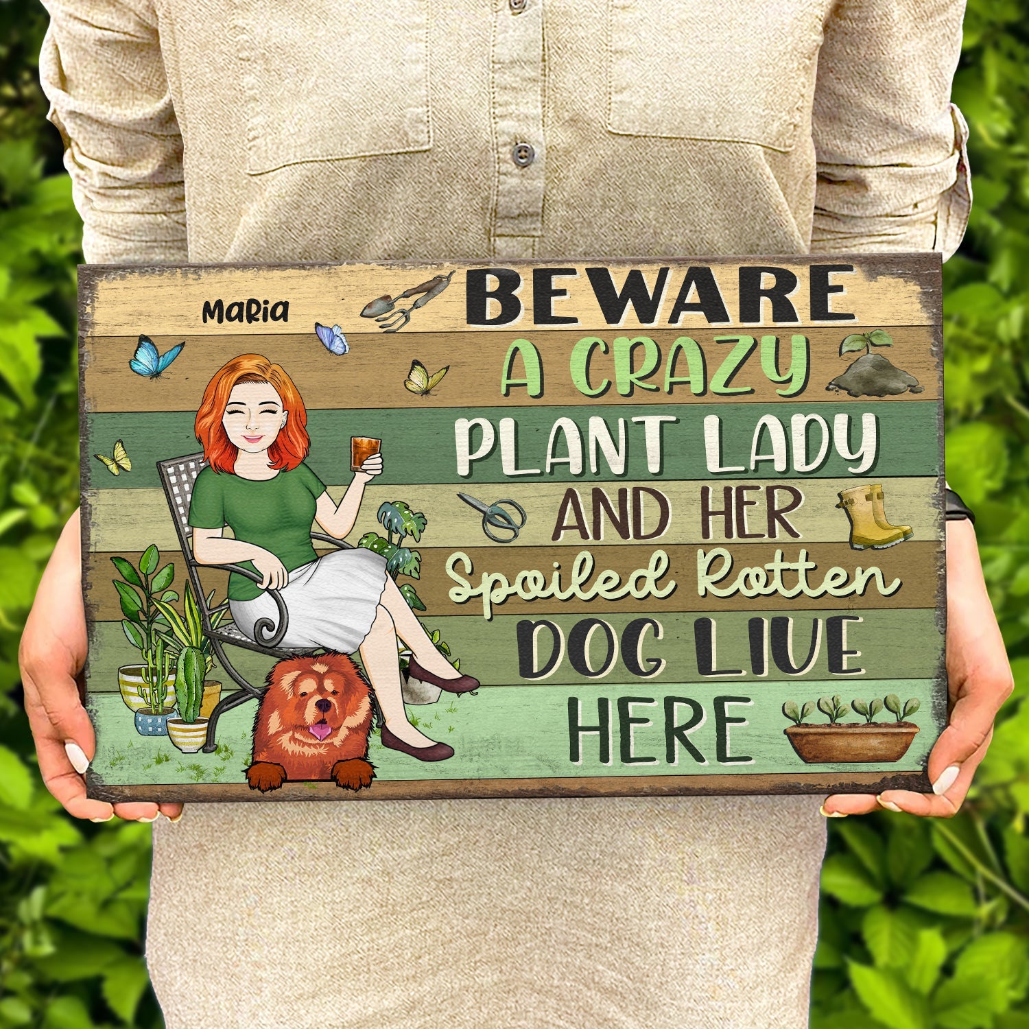 Beware A Crazy Plant Lady & Her Spoiled Rotten Dogs Live Here Gardening - Garden Sign, Birthday, Housewarming Gift For Her, Him, Gardener, Outdoor Decor - Personalized Custom Wood Rectangle Sign