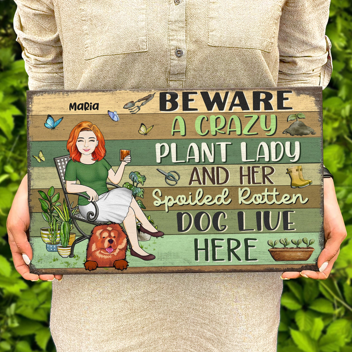 Beware A Crazy Plant Lady & Her Spoiled Rotten Dogs Live Here Gardening - Garden Sign, Birthday, Housewarming Gift For Her, Him, Gardener, Outdoor Decor - Personalized Custom Wood Rectangle Sign