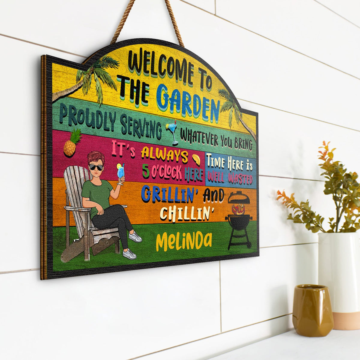 Patio Welcome Grilling Proudly Serving Whatever You Bring Couple Single - Home Decor, Backyard Decor, Gift For Her, Him, Family, Couples, Husband, Wife - Personalized Custom Shaped Wood Sign