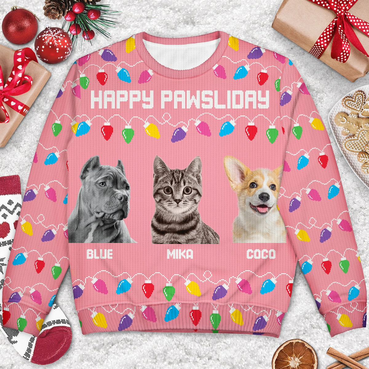 Custom Photo Feliz Navidog Lights - Christmas Gift For Dog Lovers, Cat Lovers - Personalized Unisex Ugly Sweater