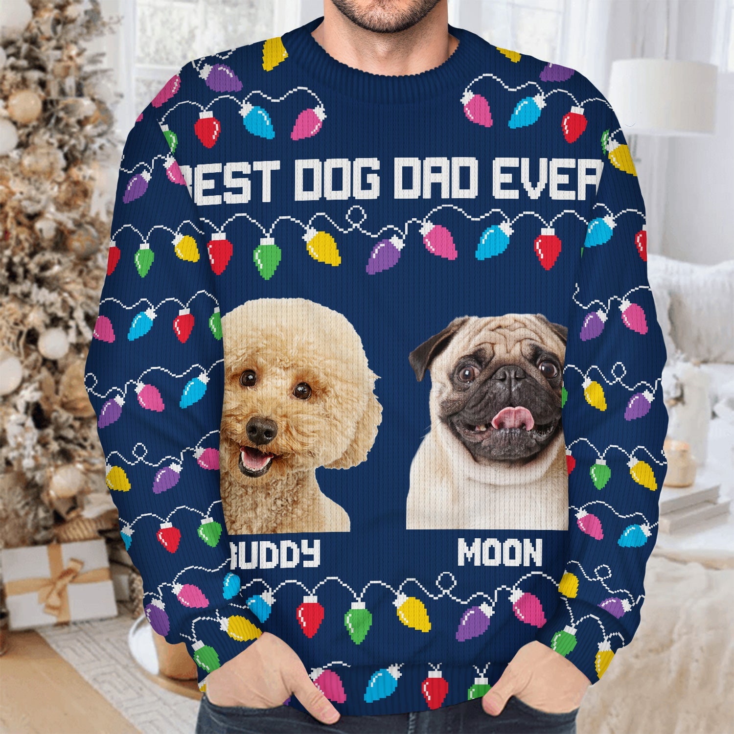 Custom Photo Feliz Navidog Lights - Christmas Gift For Dog Lovers, Cat Lovers - Personalized Unisex Ugly Sweater