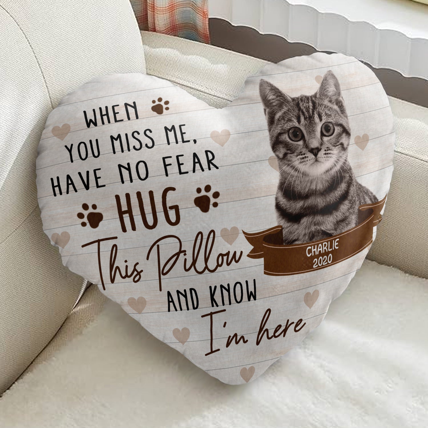 Custom Photo When You Miss Me - Loving, Memorial Gift For Dog Lovers, Cat Lovers - Personalized Heart Shaped Pillow