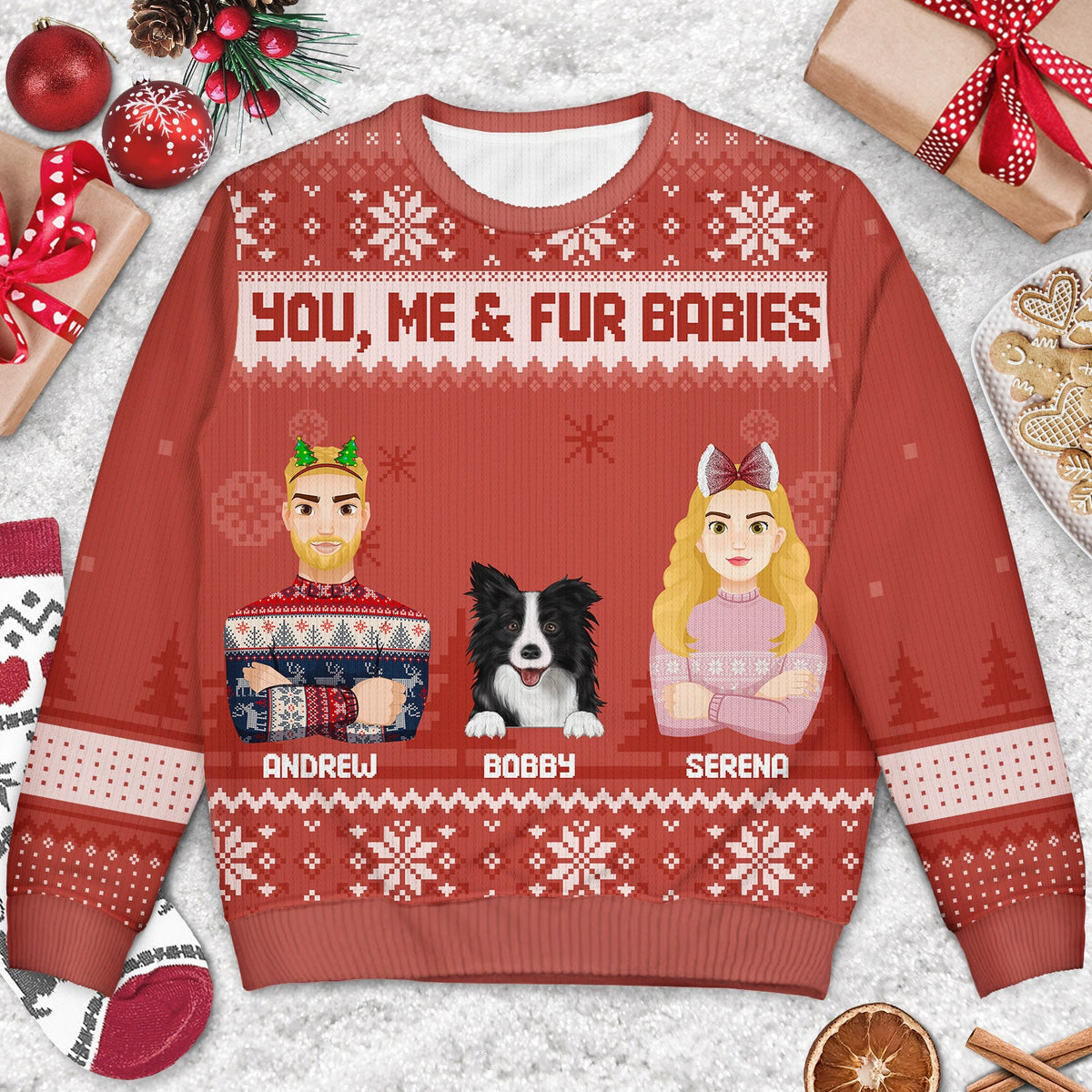 Flat Art Version 2 Semi-real Pet - Christmas, Funny Gift For Family, Couple, Dad, Mom, Grandpa, Grandma - Personalized Unisex Ugly Sweater