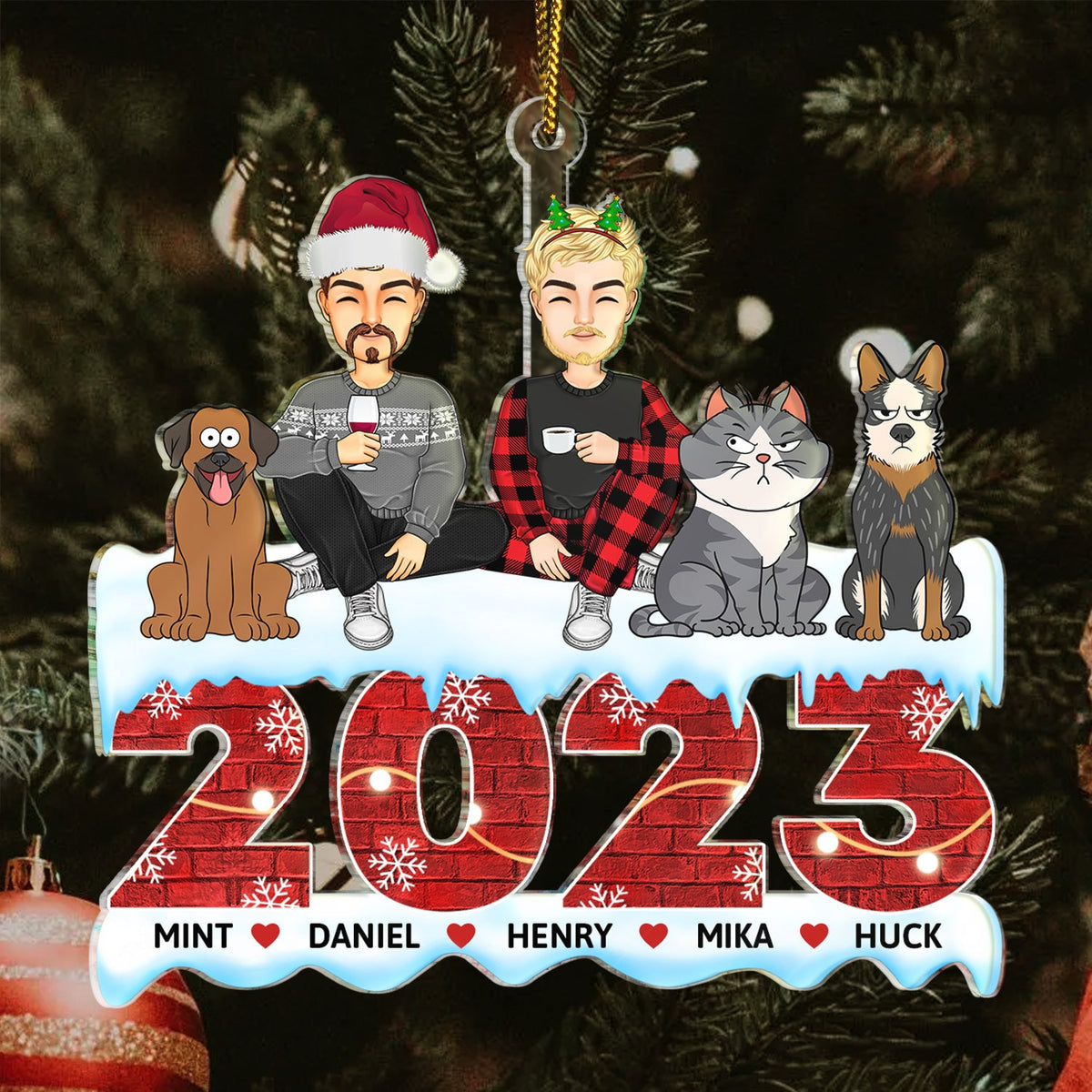 2023 Cartoon Family - Christmas Gift For Couples, Dog Lovers, Cat Lovers, Pet Lovers - Personalized Cutout Acrylic Ornament