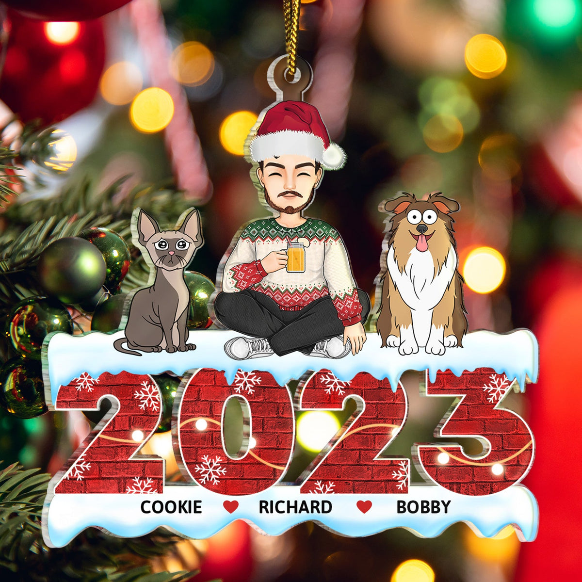 2023 Cartoon Family - Christmas Gift For Couples, Dog Lovers, Cat Lovers, Pet Lovers - Personalized Cutout Acrylic Ornament