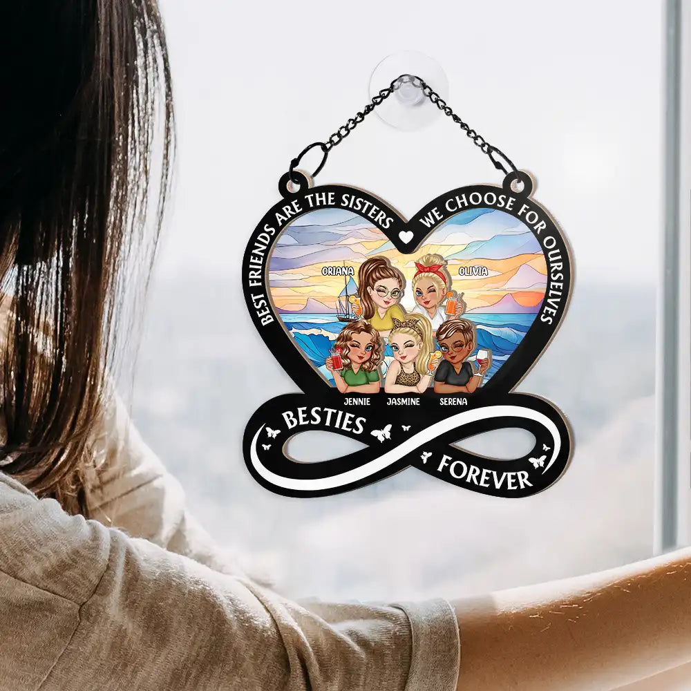 Not Sisters By Blood But Sisters By Heart Cartoon Woman - Personalized Window Hanging Suncatcher Ornament