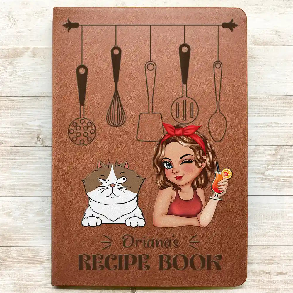 Cartoon Woman Recipe Book Dog Cat - Personalized Leather Journal