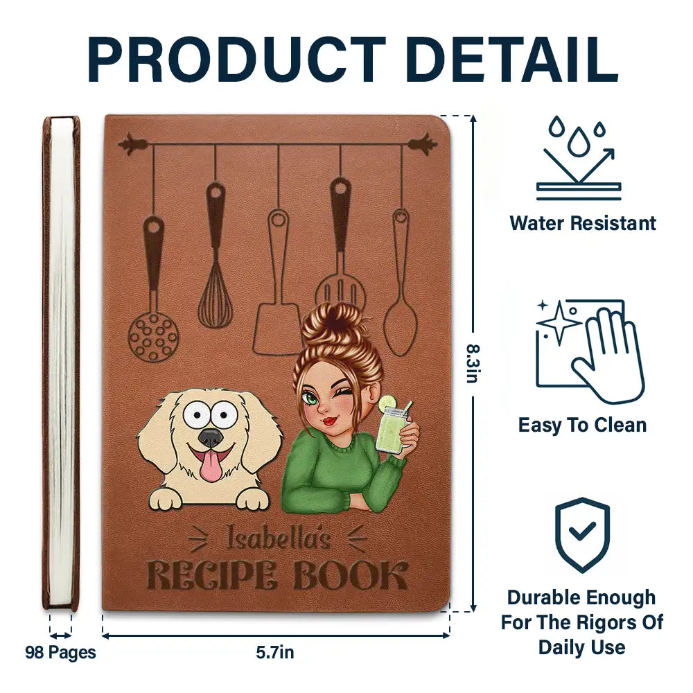 Cartoon Woman Recipe Book Dog Cat - Personalized Leather Journal