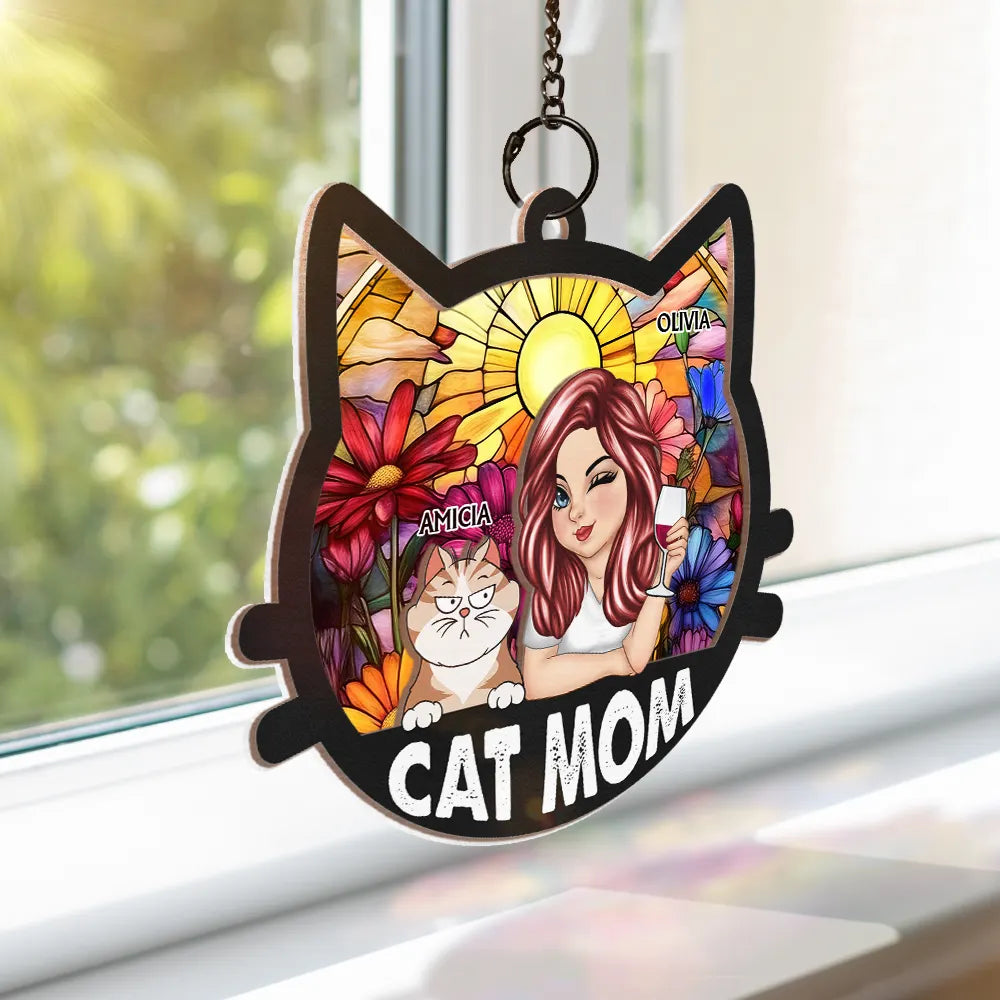 Cat Mom With Funny Cats - Personalized Window Hanging Suncatcher Ornament