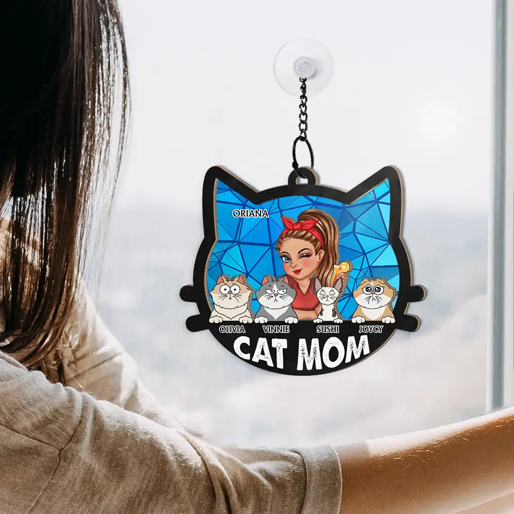 Cat Mom With Funny Cats - Personalized Window Hanging Suncatcher Ornament