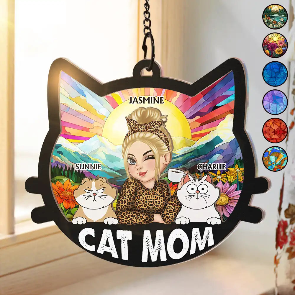 Cat Mom With Funny Cats - Personalized Window Hanging Suncatcher Ornament