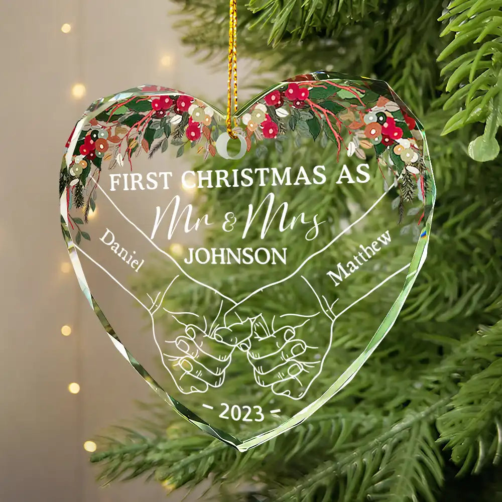 Holding Hands First Christmas Couple - Personalized Heart Shaped Glass Ornament