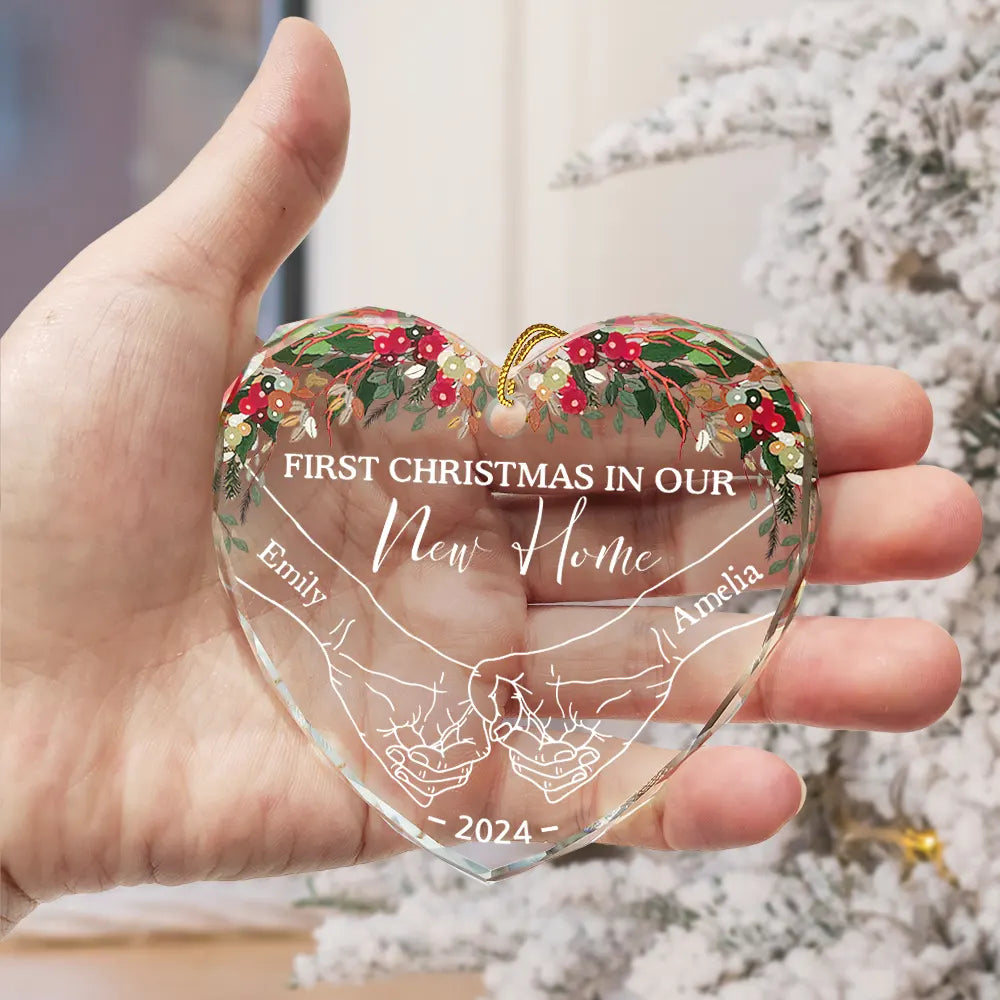 Holding Hands First Christmas Couple - Personalized Heart Shaped Glass Ornament