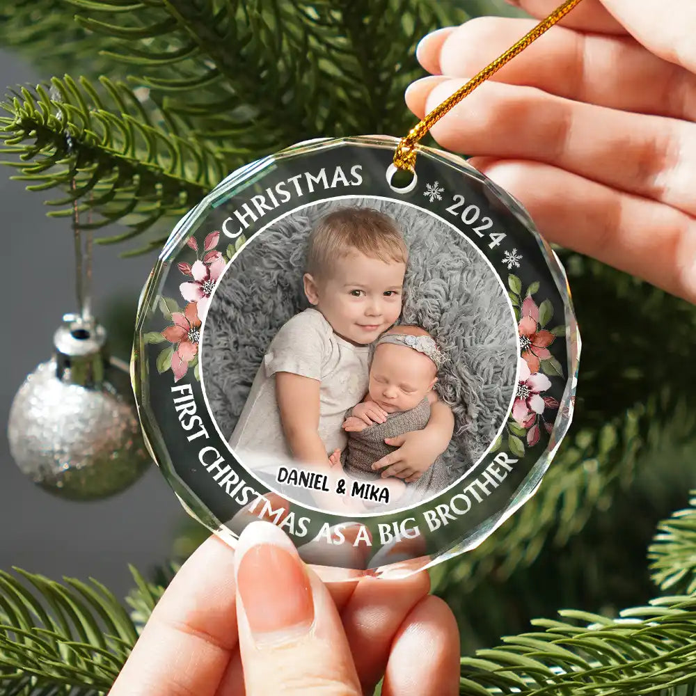 Custom Photo,Christmas,New baby,Gift For Sisters,Gift For Brothers,Gift For Kids,Happy - First Christmas As A Big Sister - Personalized Circle Glass Ornament