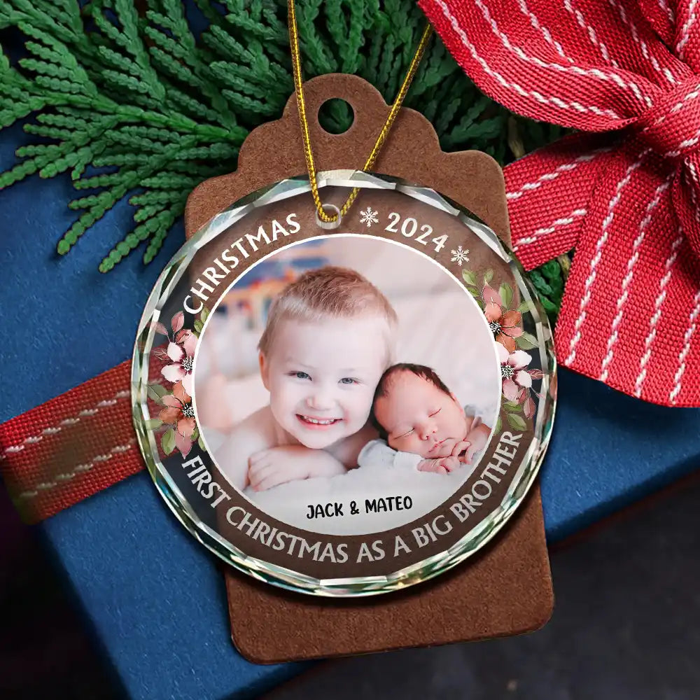 Custom Photo,Christmas,New baby,Gift For Sisters,Gift For Brothers,Gift For Kids,Happy - First Christmas As A Big Sister - Personalized Circle Glass Ornament