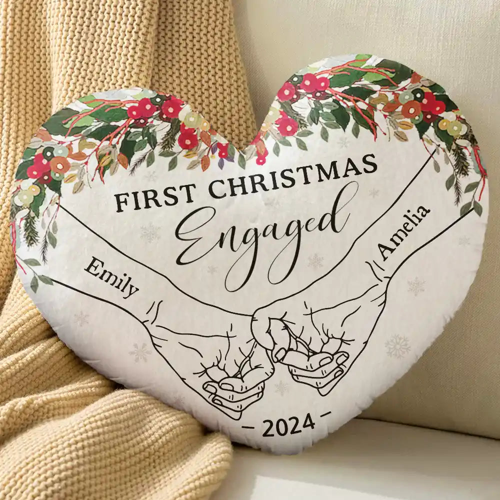 Gift For Couples - Holding Hands First Christmas As Married Couple - Personalized Heart Shaped Pillow